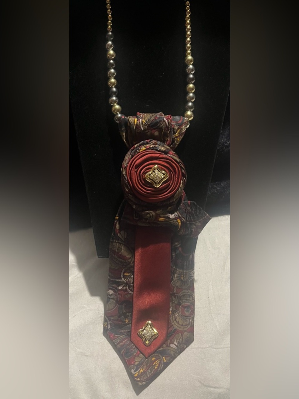 Red Floral Rose Tie with Gold Accents
